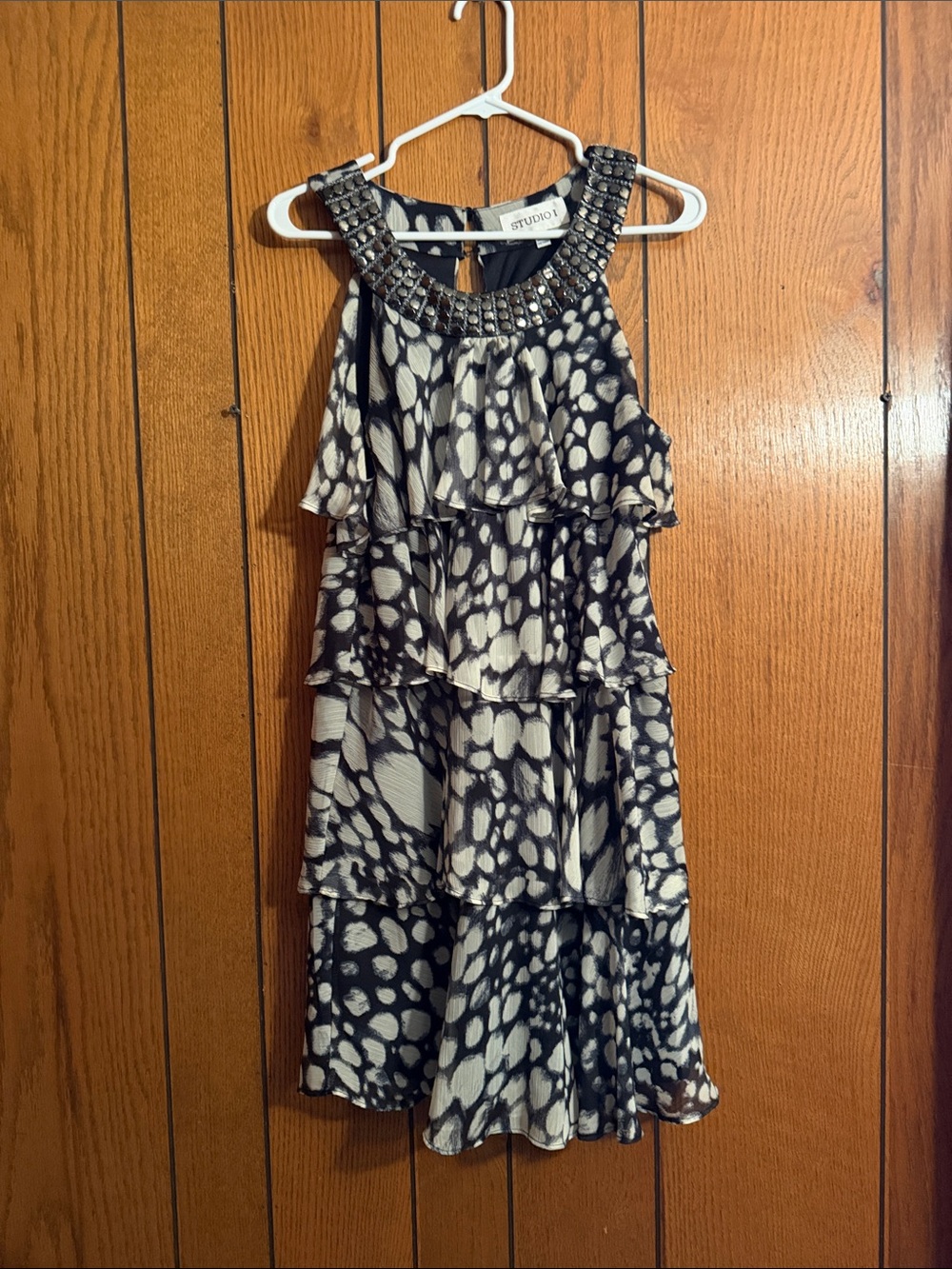 Studio Y Black and White Tiered Ruffle Dress with Beaded Neckline